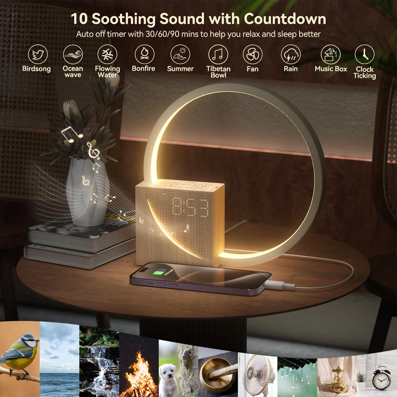 Vivilumens Sunrise Alarm Clock for Heavy Sleepers Adults, Wake-up Light, Sleep Aid 10 White Noise Sound Machines with 30/60/90 Timer, 3 Level Dimmable Touch Table Lamp with Snooze USB Charger Port Wood Grain