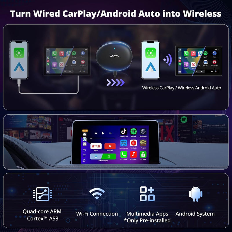 AI CarPlay Box Dual-WiFi Wireless CarPlay&Android Auto Adapter | Built-in Android Multimedia System, Video & Music Apps, Navigation, AI Voice, Support Factory Wired CarPlay/Android Auto Black