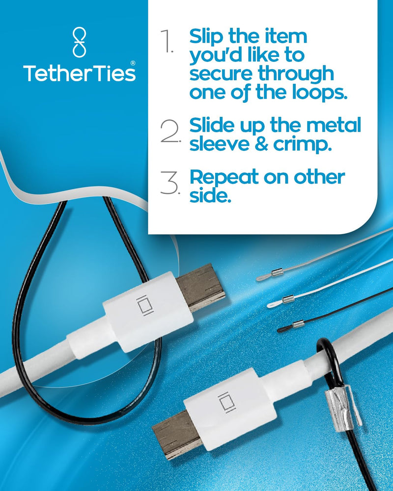Heavy Duty Cable Lock: A Tamper-Resistant, Pre-Assembled Stainless Cable Tether Kit for Computers, Adapters & Dongles - Includes a Free Crimping Tool for Easy Installation (Black, 10 Pack) 10 Pack Heavy Duty TetherTies Black