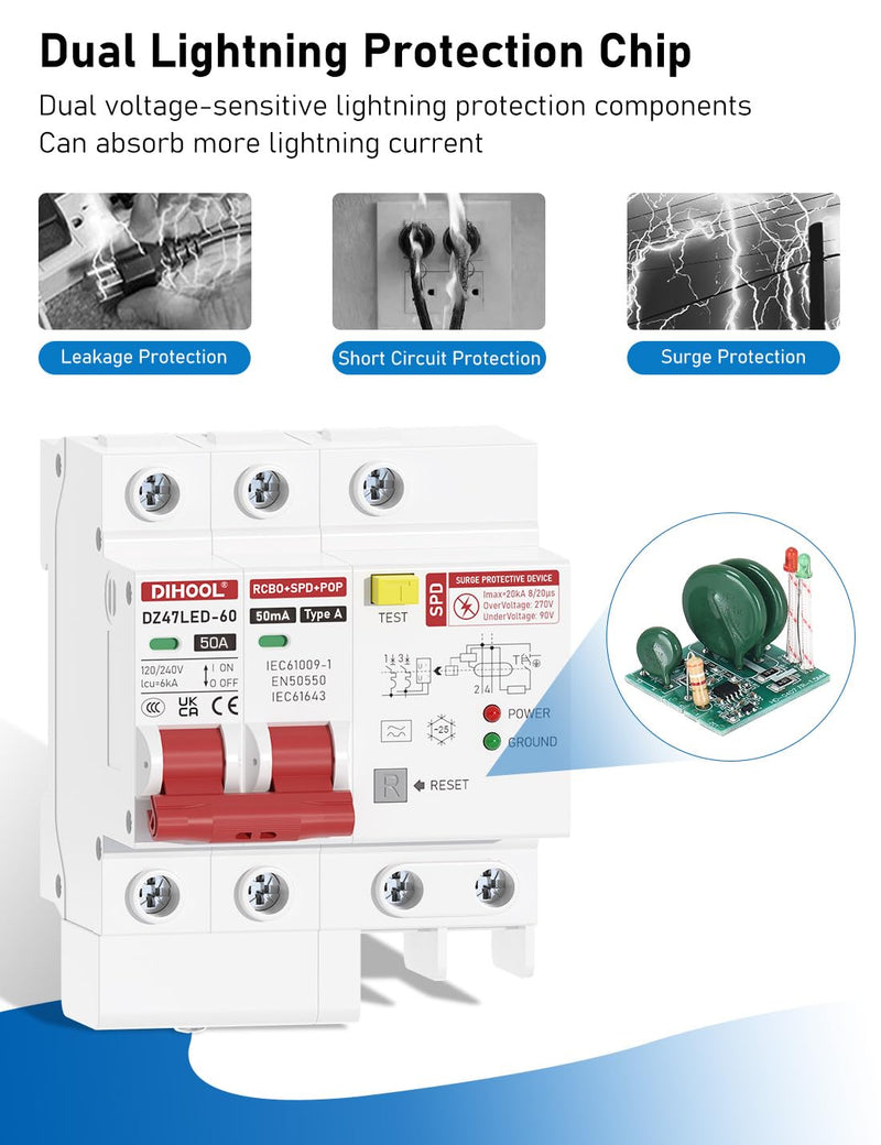 DIHOOL 50 Amp GFCI Breaker for Hot Tub Disconnect, 50A Miniature Circuit Breakers 240V with Panel Surge Protector