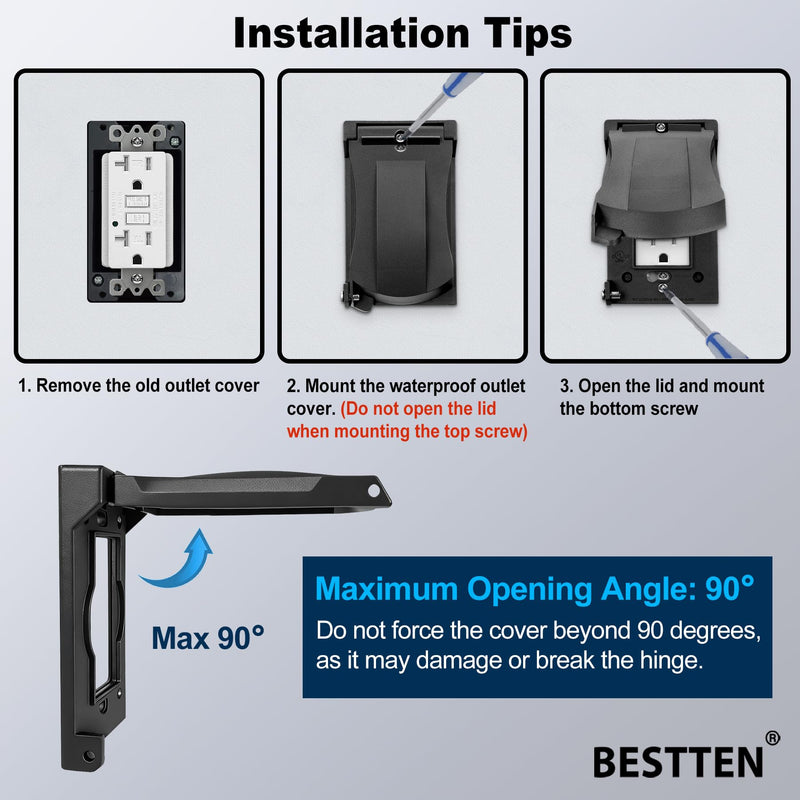 [10 Pack] BESTTEN Outdoor Outlet Cover for GFCI and Decorator Receptacle, Weatherproof, Vertical/Horizontal Auto-Closing Lid, Black, H4.65" x W2.87" x D0.71" 10