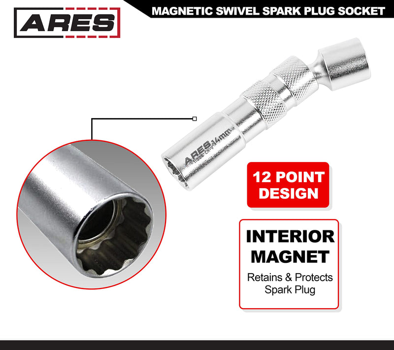 ARES 11000-14mm Thin Wall Magnetic Swivel Spark Plug Socket - 3/8-Inch Drive 12-Point Spark Plug Socket - Walls 2mm Thinner Than Standard Spark Plug Sockets 14mm Swivel Spark Plug Socket