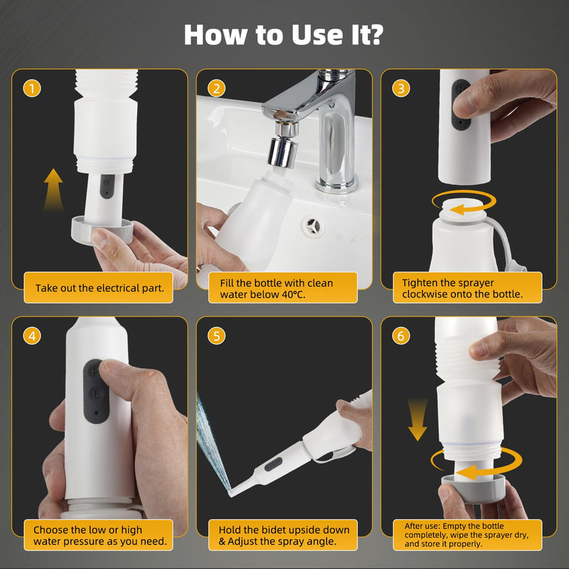 Hibbent 2 Pack Portable Bidet for Travel, High Pressure Electric Handheld Bidet Sprayer, 350-550ML Expandable Bottle for Personal Hygiene, USB-C Rechargeable Waterproof Sprayer for Women & Men, White Pure White