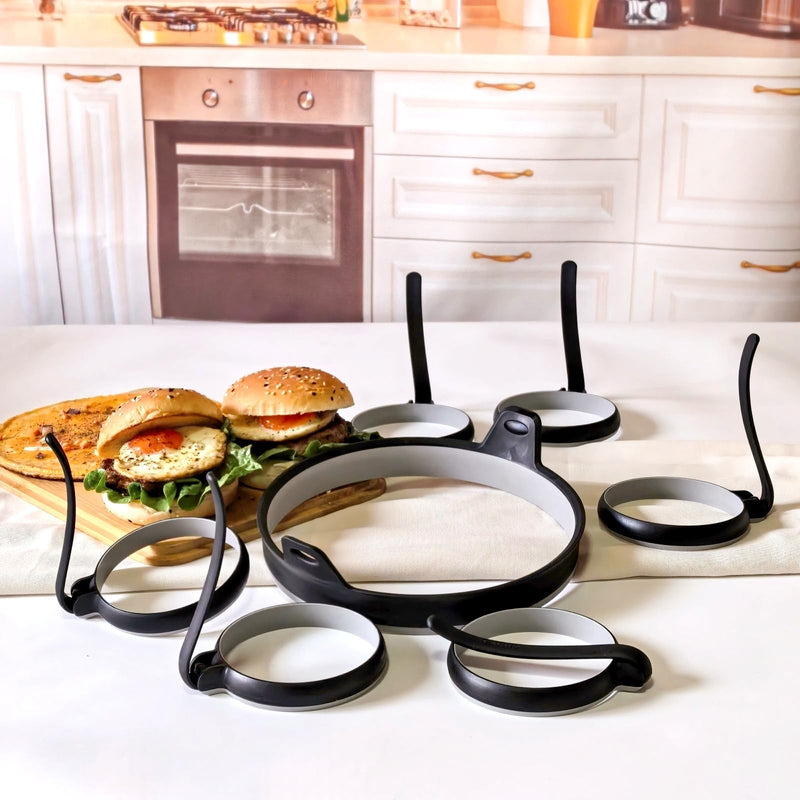 Nonstick Silicone Egg & Omelet Ring Kit,4" Egg Rings & 8" Omelet Ring, Egg Rings for Frying Eggs, Pancakes, Patties and English Muffins, 7 Piece Set (BLACK) BLACK