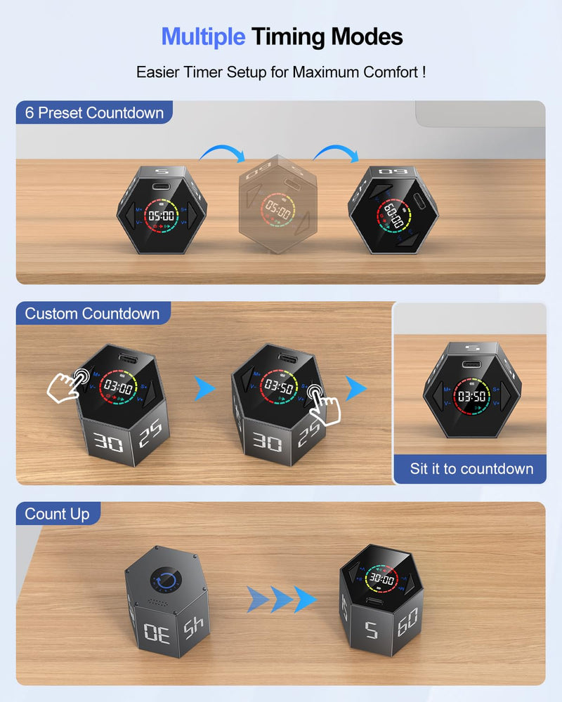 Pomodoro Timer Cube, Hexagon Productivity Timer, Pause & Resume, Silent, Vibrate & Adjustable Sound Alert, for ADHD, Task, Work, Study, 5/15/25/30/45/60min & Custom Countdown,Gray Gray