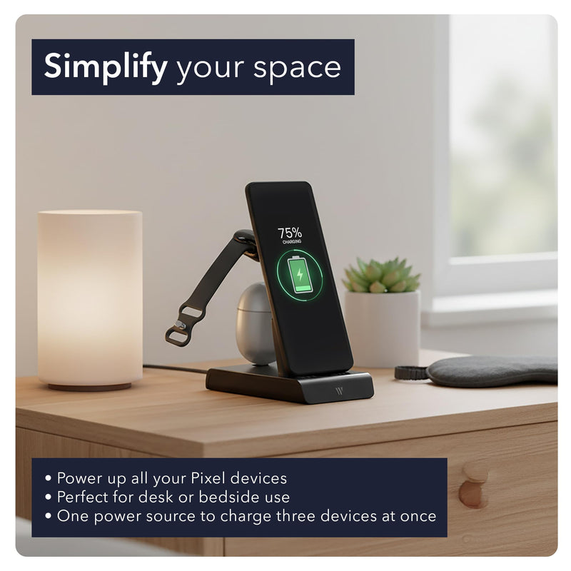 Wasserstein 3-in-1 Wired Charging Station Compatible with Google Pixel, Buds & Watch 4 (41mm & 45mm) - NOT Compatible with Pixel Watch 1, 2 & 3 - Adjustable USB-C Plug - Made for Google