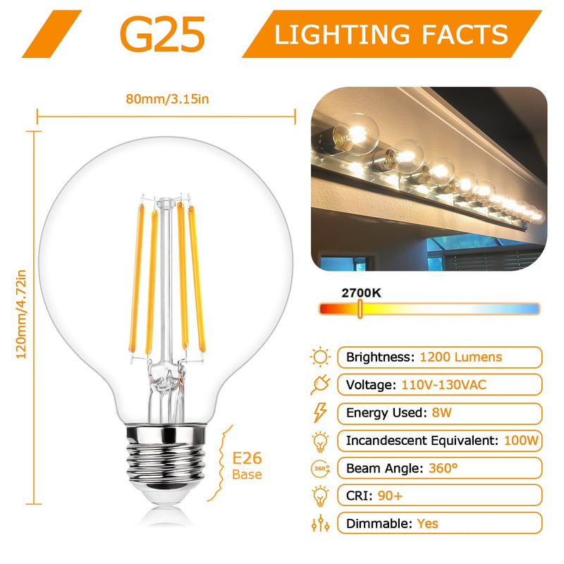 G25 LED Globe Light Bulbs, Dimmable Edison Filament Vanity Light Bulbs, 8W 100W Equivalent, 1200 Lumens Bright, 2700K Soft White, E26 Medium Base Clear Glass for Bathroom Vanity Mirror, 4 Pack Soft White 2700k