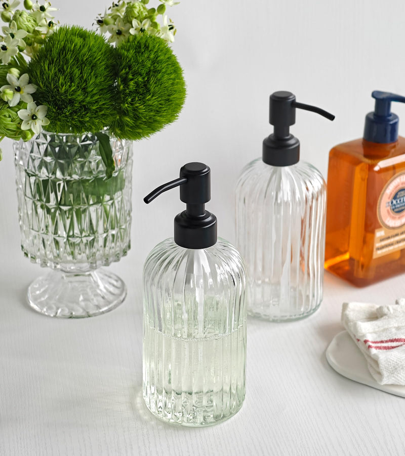 JASAI 2PACK 18Oz Simple Glass Soap Dispensers with Black Pump, Refillable Kitchen soap Dispenser with Vertical Stripe, Bathroom Soap Dispenser for Bathroom Hand soap, Dish Soap, Lotion. Clear-black Pump-2p 2 Pack