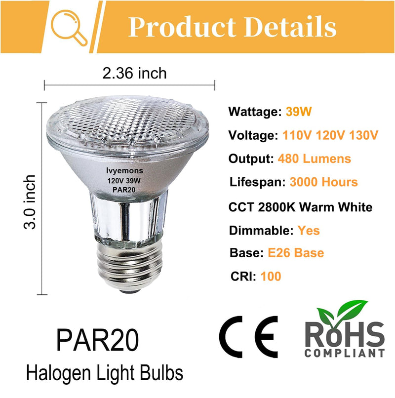 PAR20 Flood 39W 120V 480 Lumens- 6 Pack PAR20 Flood Light Bulbs with E26 Base, PAR 20 Dimmable 2800K Warm White, Long Lasting 39W PAR 20 Bulb for Recessed Lighting & Range Hood Light Bulbs 39W - 6 Pack