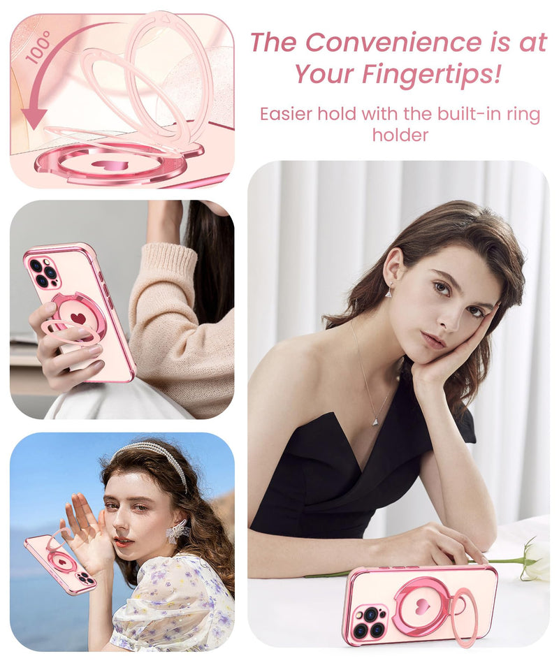 Cute Plated Gold Women Phone Case for iPhone 15 Pro Max - Pink | Screen Protector+Ring Metal Kickstand,Love Heart Pattern,Slim Soft TPU Full Camera Protection Cover for iPhone 15 Pro Max Thermoplastic Polyurethane,Polycarbonate
