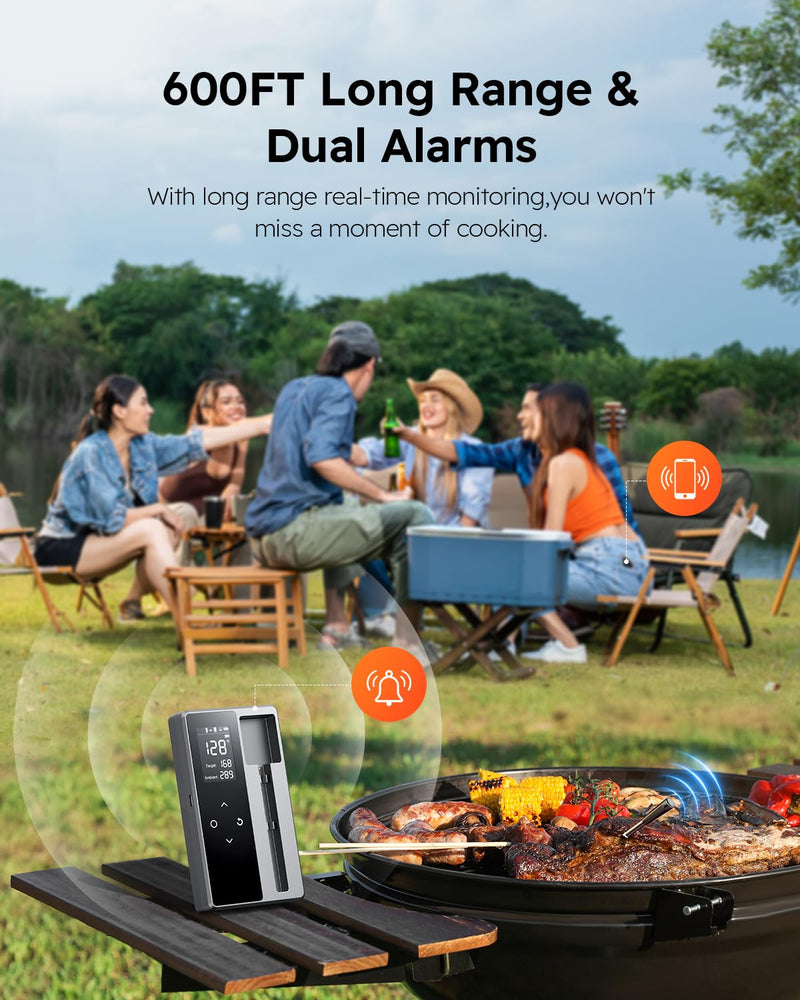 Smart Wireless Meat Thermometer with Ultra-Thin Probe, Digital Food Thermometer 0.5S Instant Read, 600FT Bluetooth Range Real-Time Monitoring & Smart Alerts for BBQ, Grill, Smoker, Oven, Air Fryer 1 Probe