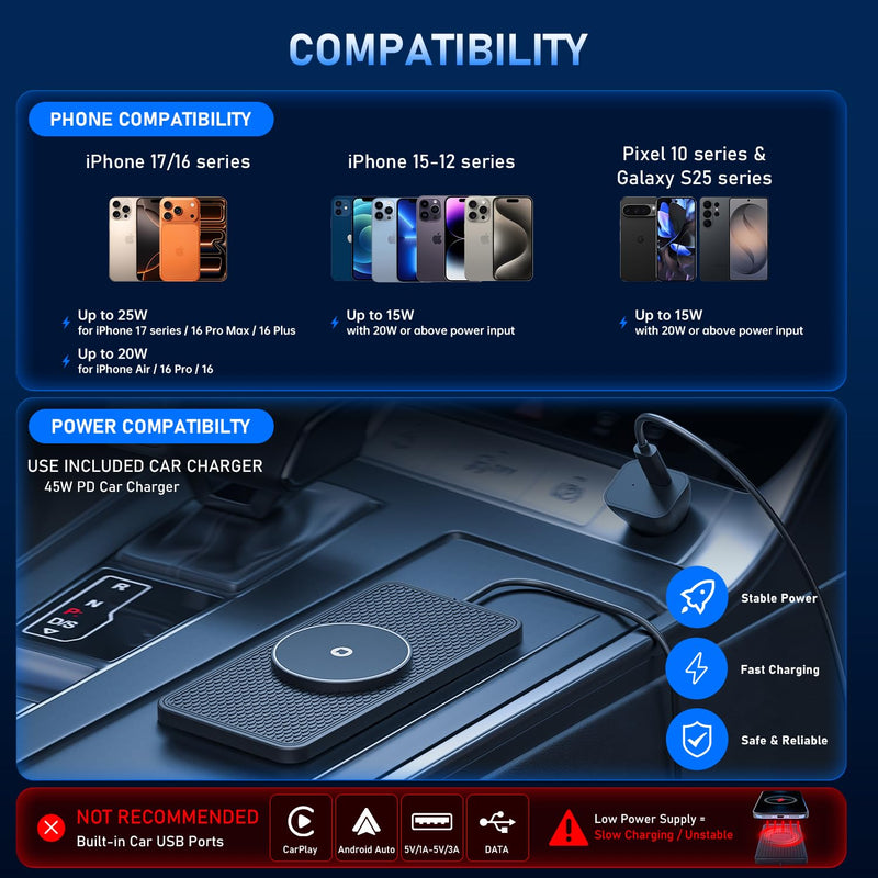25W Magnetic Wireless Car Charger Pad, REESTECQI for MagSafe Car Charger with 45W USB-C Car Charger, Anti-Slip Wireless Charging Pad for Car Compatible with iPhone 17 16 15 14 13 12 (30CM Cable) 30CM Cable