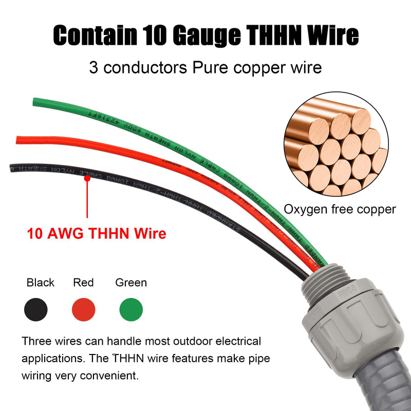 1/2 Inch AC Whip Assembly Kit 4 FT with Terminal, Non-Metallic Liquid Tight Electrical Conduit with 10/3 Gauge THHN Wire for Heater, Air Conditioner, Timer, Mini Split System