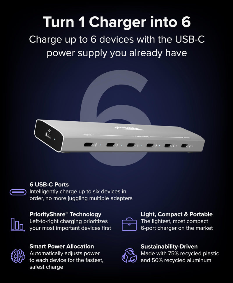 Plugable 6 Port USB C Charging Station, Up to 100W Charger for Multiple Devices with Priority Charging, Desktop Power Hub for USBC Devices Including Laptops Phones Tablets Earbuds and More (PS-6CC)