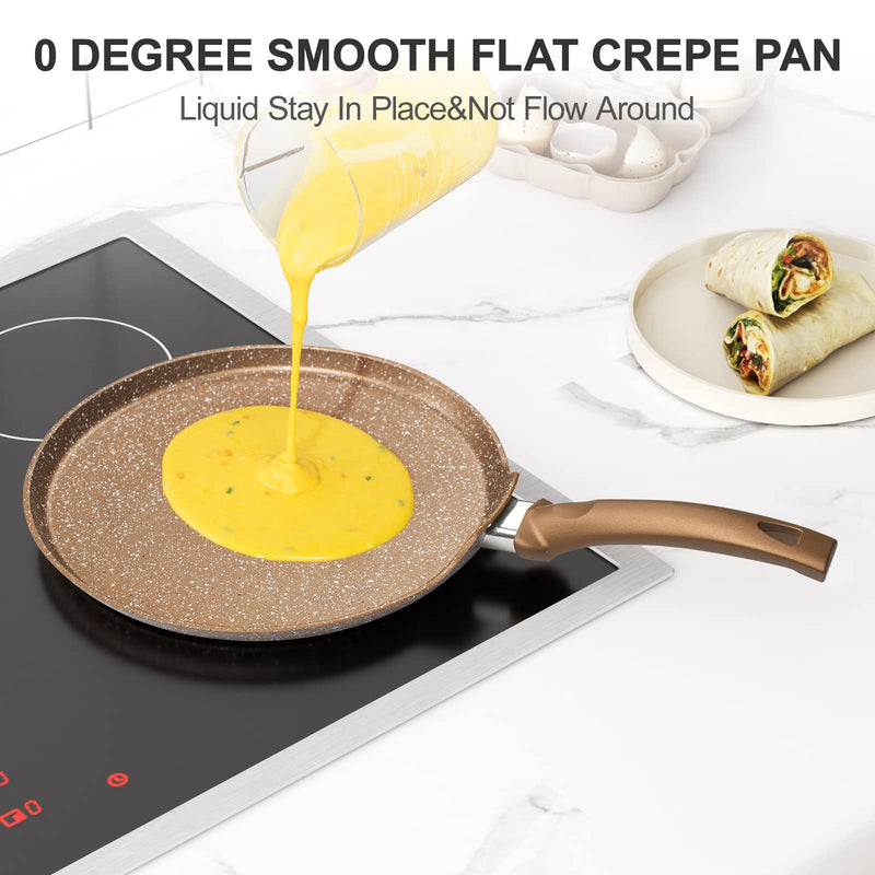 Innerwell 11 inch Nonstick Crepe Pan, Granite Coating Flat Skillet Dosa Tawa Tortilla Pan, Large Pancake Griddle Comal Pan, Compatible with All Stovetops, PFOA Free Gold