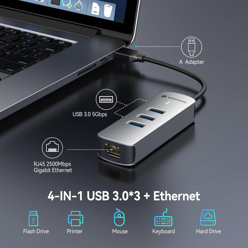 Yottamaster 4-in-1 USB A 3.0 Hub with 2.5Gbps Gigabit Ethernet – 3X USB-A 3.0 Ports, Aluminum LAN Converter, Plug and Play for MacBook Pro/Air, XPS, Windows, Mac OS, Linux, NAS