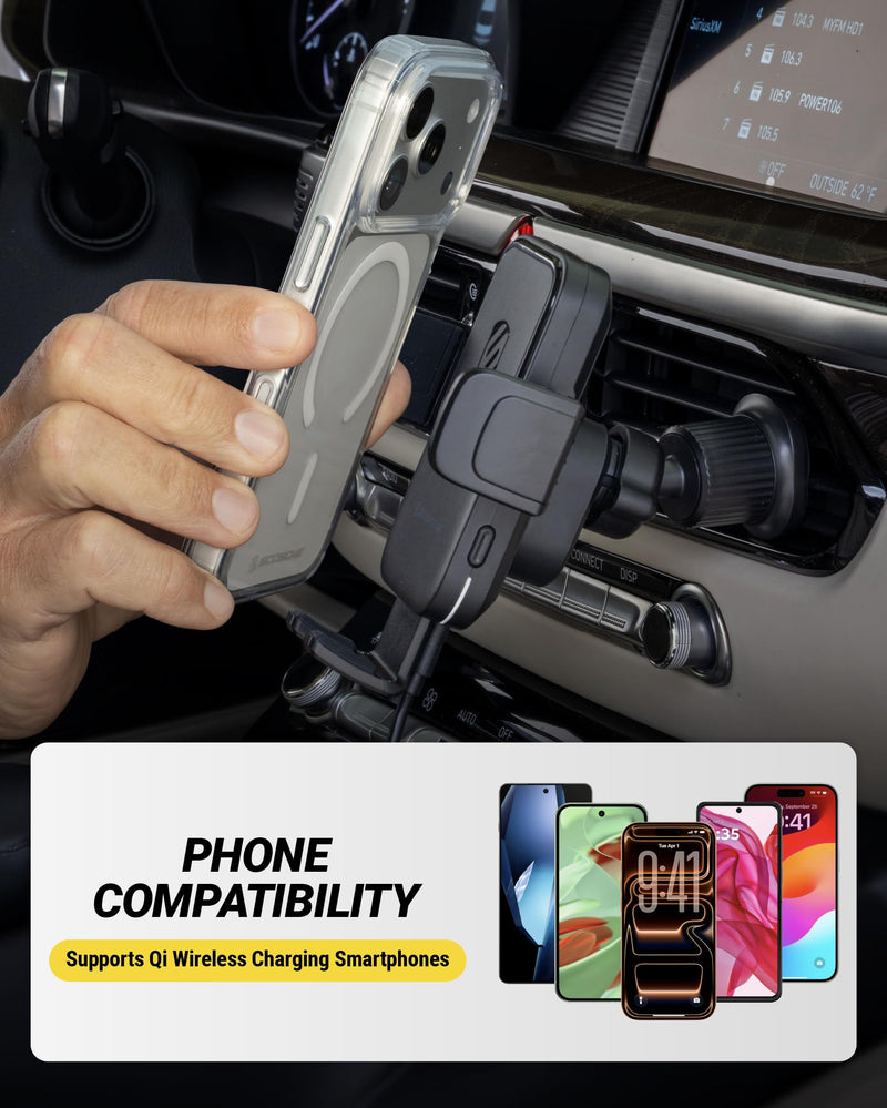 Scosche Wireless Car Charger Mount, Auto-Clamping Car Phone Holder Charger for Dashboard/Windshield/Vent with Adjustable Arm, 360° Rotation, Compatible with iPhone, Samsung, and More Android Phones Window / Dash / Vent