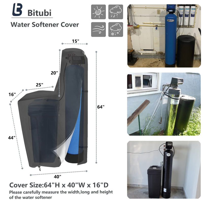 Bitubi Water Softener Cover with Split Zipper,Outdoor Water Softener Brine Tank Cover,Waterproof Anti-UV(64" H x 40" W x 16" D, Black) All Weather Protection 64" H x 40" W x 16" D(Black) Water Softener Cover (One-piece)
