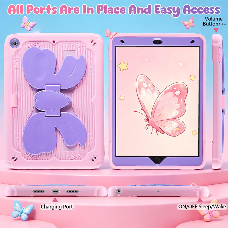 SAMONPOW for iPad 9th/ 8th/ 7th Generation Case iPad 10.2 Inch Kids Case | Full Body Rugged Protective Cover with Cute Bow Stand Shoulder Strap Pencil Holder for Girls iPad Case 9th Gen, Purple Pink for iPad 9th/ 8th/ 7th Gen