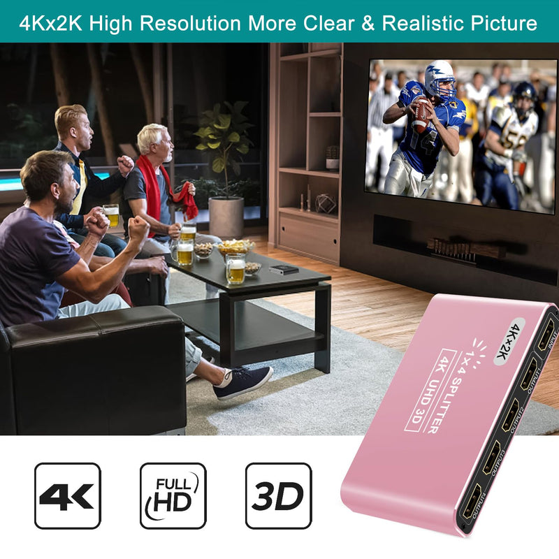 CLOSS HDMI Splitter 1 in 4 Out, 4K HDMI Splitters for Dual Monitors Supports 3D Full HD 1080P Aluminum HDMI Spliter HDMI Adapter for TV Compatible for PS4 Fire Stick HDTV(1 Source to 4 Displays) Pink