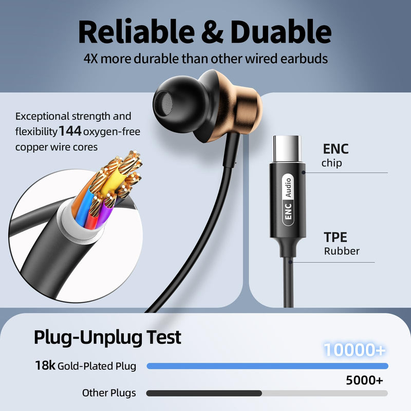 Wired Earbuds with ENC Noise Canceling Mic, Deep Bass Stereo Wired Earphones, Plug in USB C/Type C Headphones Compatible with iPhone 17/16/15, Samsung, Android, Gaming, Laptop, Clear Calls Brown USB Type C
