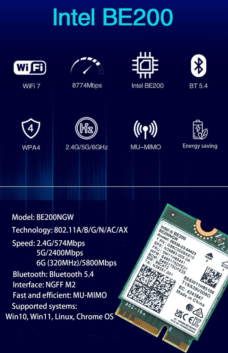 WiFi 7 BE200 NGW Wireless Card, Tri-Band 6GHz/5GHz/2.4GHz M.2 NGFF Bluetooth 5.4, Includes Ipex Cable, 8dBi Antennas and Brackets Support Windows 10/11(64 bit)/Linux, Not Support AMD. (with Antennas) with Antennas