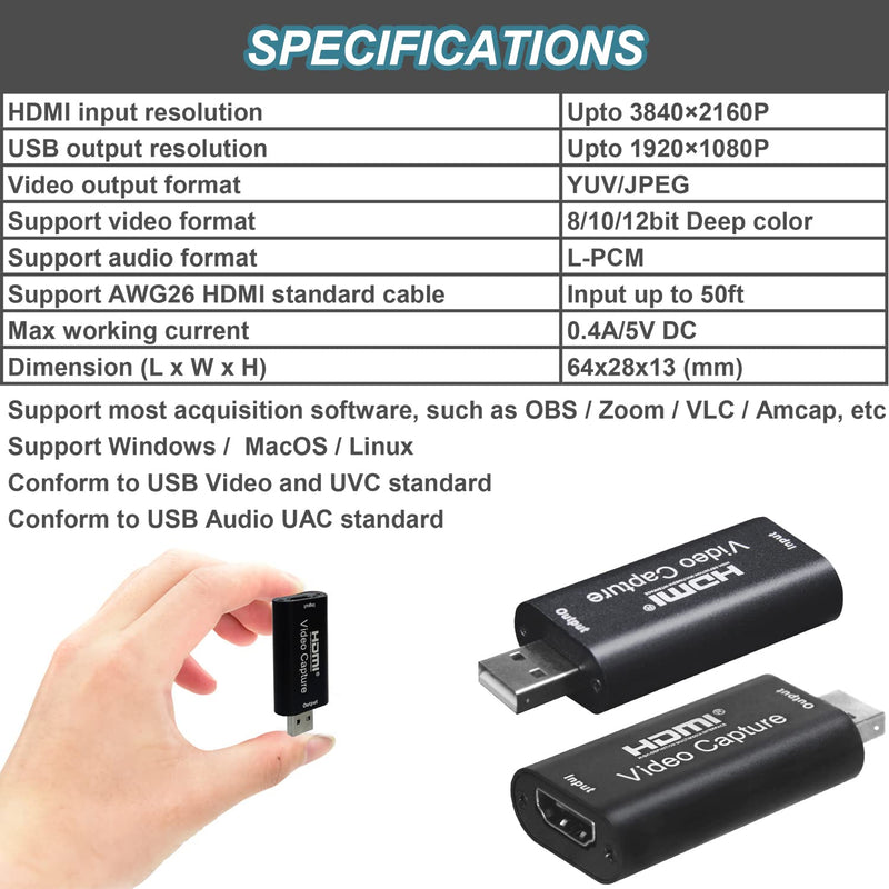 4K HDMI to USB 2.0 Video Capture Card 1080P Cam Link Card Game Capture Card Adapter Screen Record Capture Device for Streaming, Gaming, Video Conference, Teaching, Live Broadcasting Black