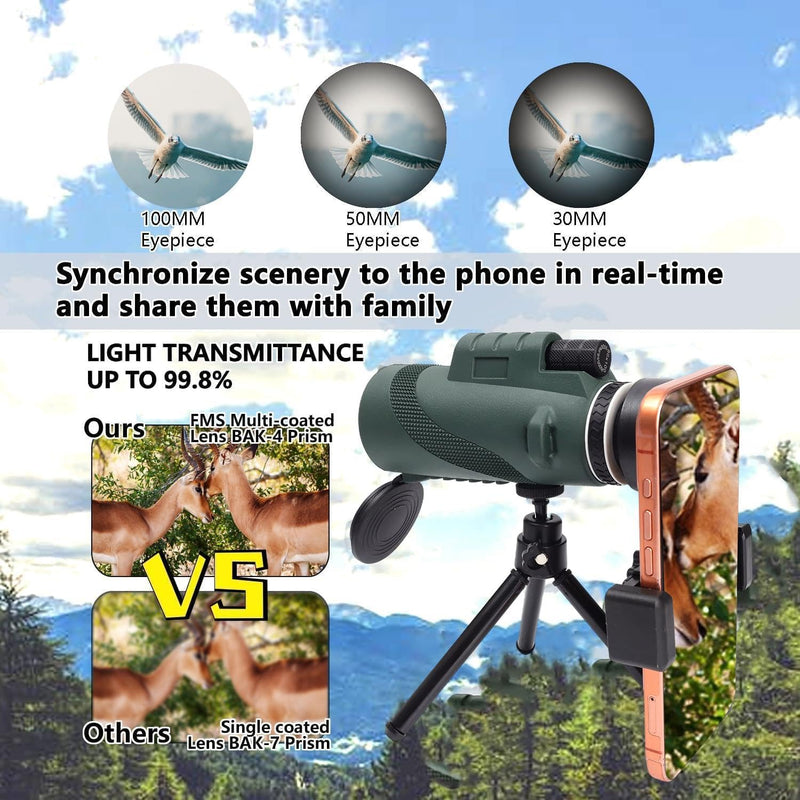 80X100 Monocular Telescope, High Power Monocular for Adults with Phone Adapter & Tripod & Hand Strap, Equipped with BAK4 Prism for Bird Watching (Green, 15.3x7cm) Green