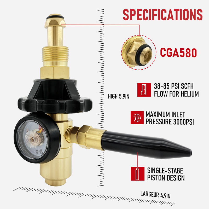 RX WELD Helium Latex Balloon Filler Air Flow Inflator Regulator 0-3000 PSI with Gauge for CGA580 Tank Valve