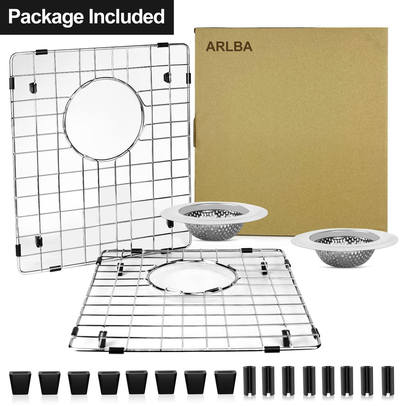 2pcs ARLBA Upgraded 15"x13" 304 Stainless Steel Sink Protectors for Kitchen Sink 15.5"x13.5" Rear Drain,Metal Sink Grid & Sink Rack for Bottom of Sink, Sink Gate Scratch Protection w/Sink Strainers