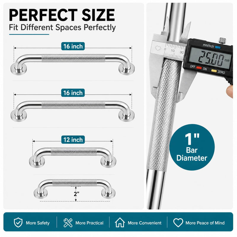 Grab Bars for Shower 3 Pack, 2x16 & 1x12 Stainless Steel Safety Handrails, Heavy Duty Wall Mounted Grab Bars for Bathroom, Stairways, Hallways, Toilet, Handicap & Elderly Support, 500 lbs