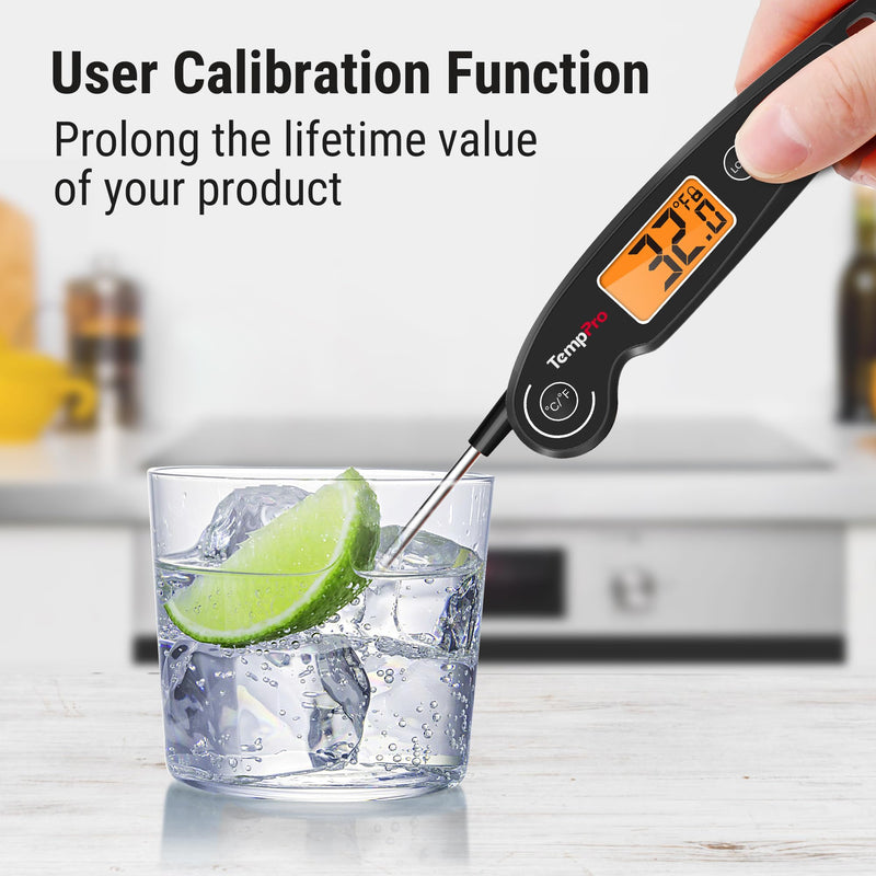 TempPro TP605 Instant Read Meat Thermometer for Cooking, Waterproof Digital Food Thermometer with Large Backlit LCD, Kitchen Thermometer for Grilling, Smoking & Candy Making (Previously ThermoPro) Black