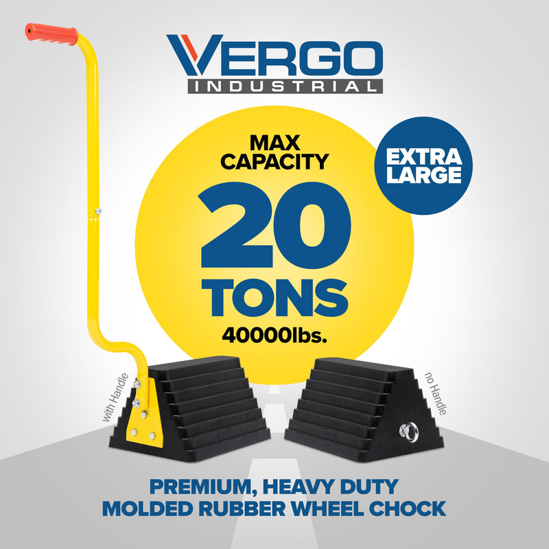 Vergo Industrial Extra Large Wheel Chock 2-Pack - Heavy Duty Molded Rubber XL Wheel Chock for Trucks, Trailers, RVs or Large Freight Equipment - Max Weight Capacity 20 Tons / 40,000 lbs (No Handle) No Handle (2pack)