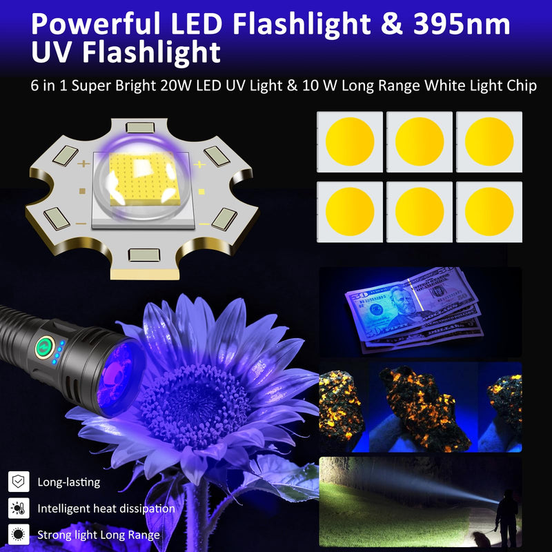 XLENTGEN 2-in-1 LED Flashlight with 395nm UV Flashlights & White Light, Rechargeable Magnetic Flashlight, 4 Lighting Modes, Waterproof for Camping, Hiking, Stain Detection, Currency Identification