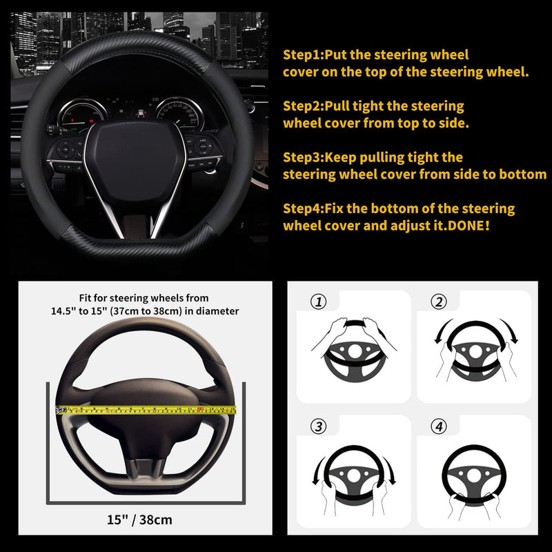 d Shape Steering Wheel Cover,Premium Leather Car Steering Wheel Protector Sport Carbon Fiber Design,Non-Slip & Breathable,Universal Fit 15 Inch Car/Auto/SUV Flat Bottom Steering Wheels (Matt Black) Matt Black