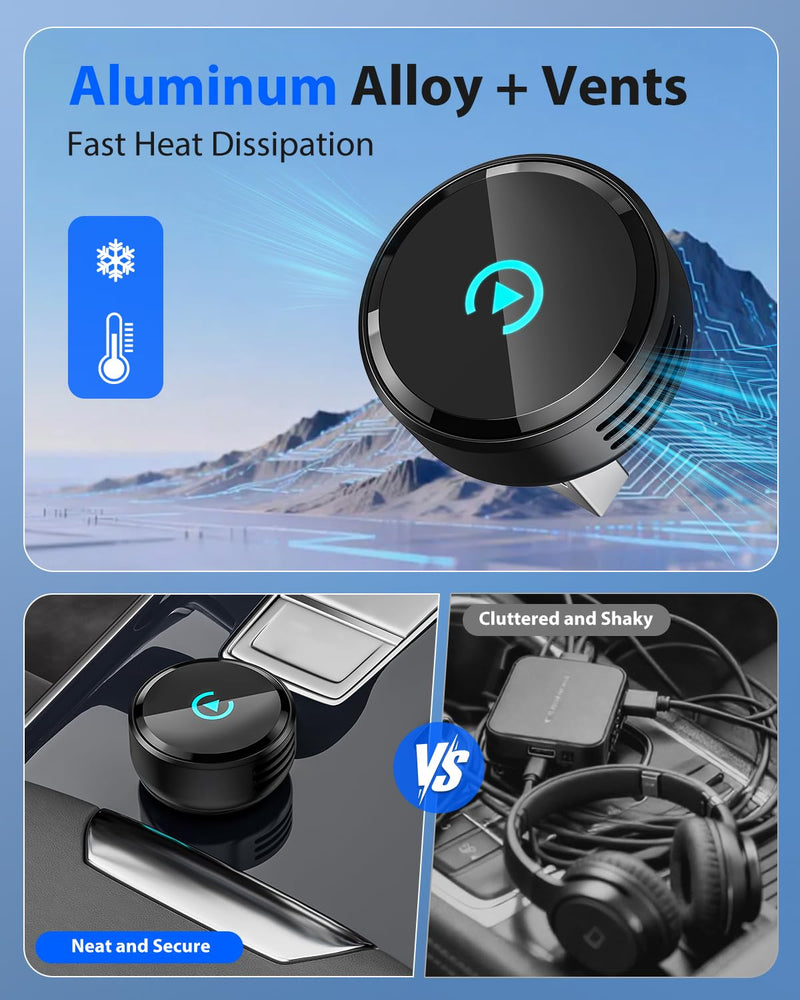 Ultra Mini Circular Wireless CarPlay & Android Auto Adapter, 3-5s Fast Auto Reconnect, Aluminum Alloy Vent Design, 2-in-1 CarPlay Wireless Adapter for iOS & Android with USB A/C Port Black