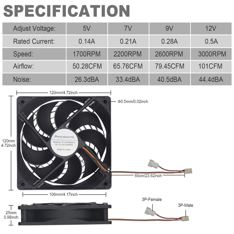 3-Pack 120mm 12V DC High Airflow Computer PC Case Fan 120x120x25mm Triple 3Pin 4.72inch Dual Ball Bearing Brushless Exhaust Cooling Fan for Mining Rig Frame Rack Air Miner PSU with Metal Guard 3000RPM 12V 120X120X25MM