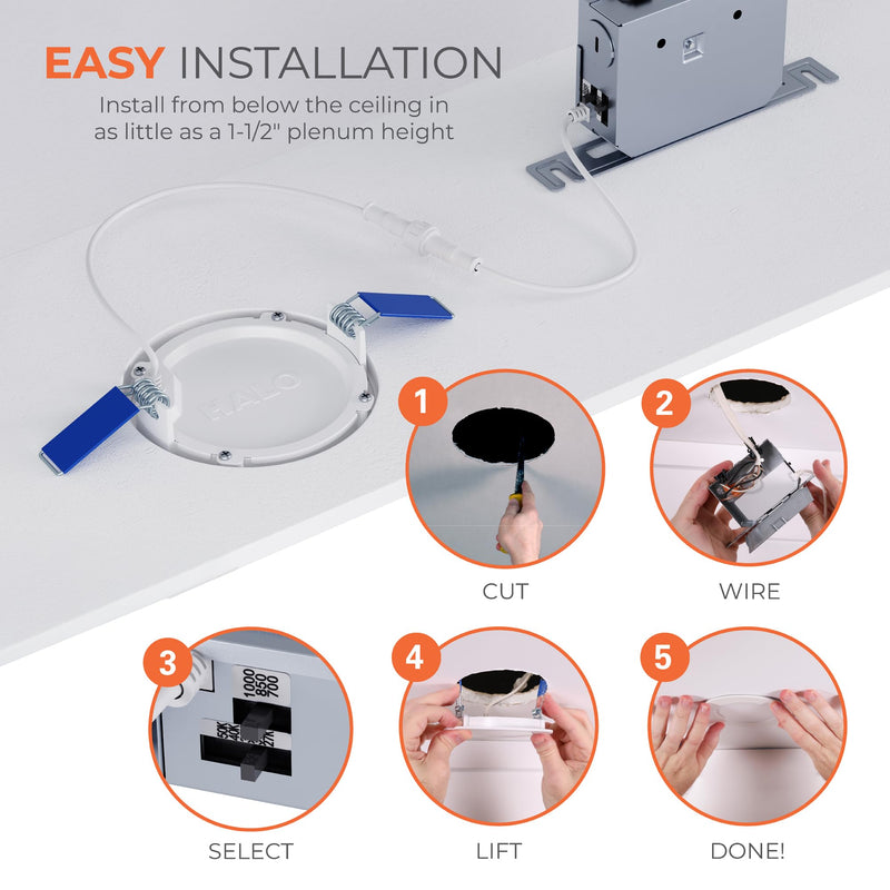 HALO HLB 4 inch LED Recessed Ceiling Light Canless Dimmable with Selectable Lumens and Selectable Color 27/30/35/40/5000K Wet Location Airtight Ultra Slim Indoor Outdoor with 2 Trims HLB4LSFS5-2TR Selectable 700/850/1000 Lumens