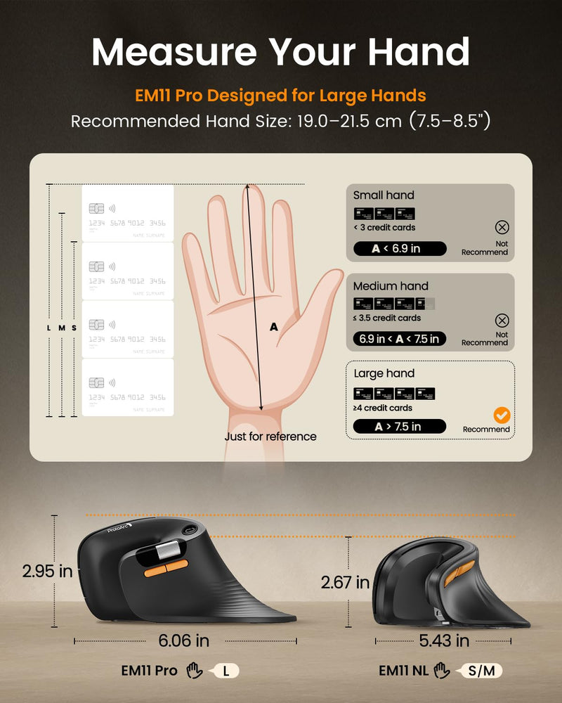 ProtoArc EM11 Pro Ergonomic Mouse for Large Hands, Side Scroll, Black | Designed for hands 7.5-8.5". Browser-based customization, Side scroll wheel for Excel/video editing, Multi-Device.
