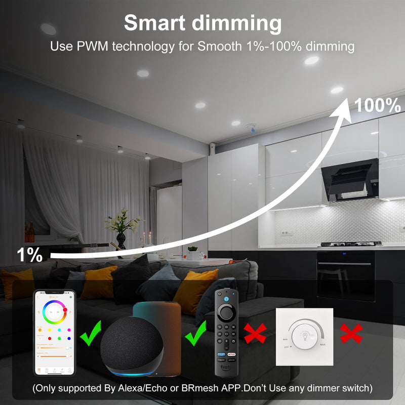 Smart Recessed Lighting 4 Inch RGBCW Color Changing 12W LED Recessed Ceiling Light with Junction Box,2700 K-6000K,1080LM Canless Downlight Compatible with Alexa,Dimmable by Bluetooth Control (4 Pack) White Shell 4 Pack