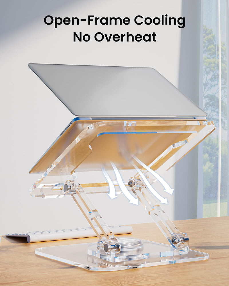 Laptop Stand for Desk - Adjustable, Foldable Clear Acrylic Riser with 360° Rotating Base, Ergonomic Laptop Holder for MacBook Pro/Air & 10-16” Notebooks Acrylic - Transparent color