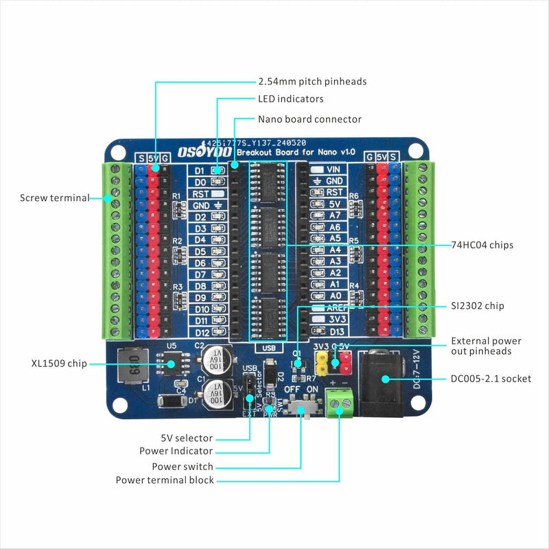 OSOYOO Nano Board with USB-C and Nano I O Shield,Breakout Board with GPIO Status LED