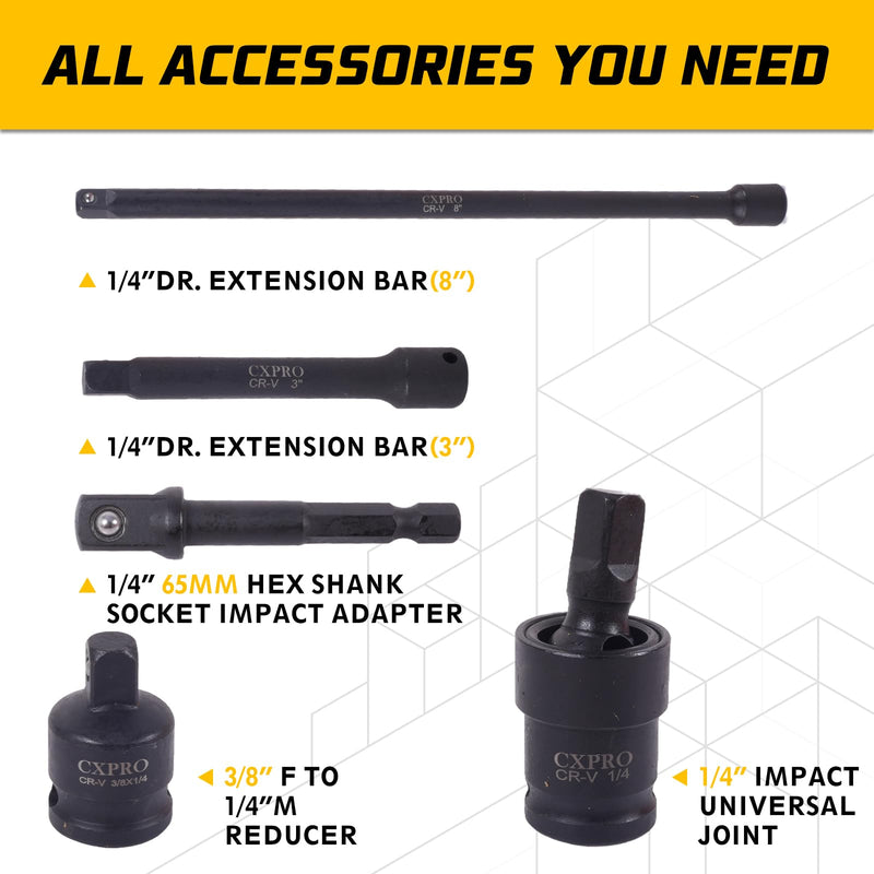 1/4" Cr-V 6 Point Drive Impact Socket Set, 56-Piece Standard SAE (5/32 to 9/16 inch) and Metric (4-15mm) Size, 1/4-Inch Ratchet Handle, Extension Bar, Universal Joint