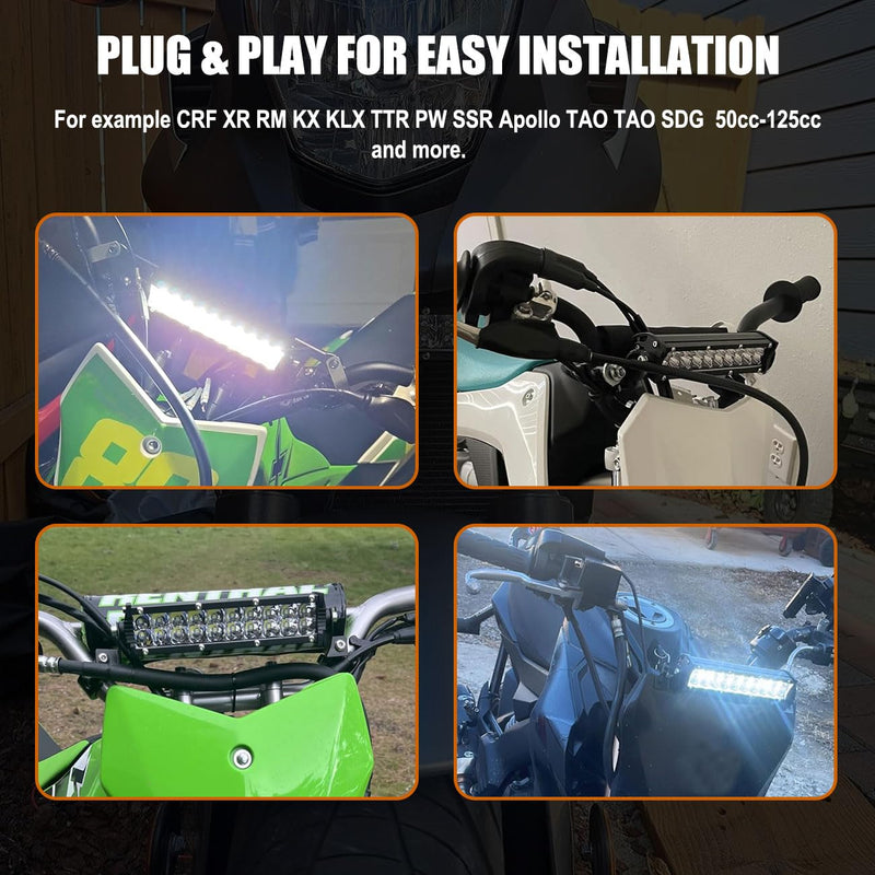 Motorcycle LED Light Bar & ON-Off Switch Headlight kit for CRF110 CRF250F KLX110 TTR110 TTR110E RM85 YZF450 60W Motocross LED Light Kit Universal for 7/8" 22mm Handlebars Pit Dirt Bike Plug and Play