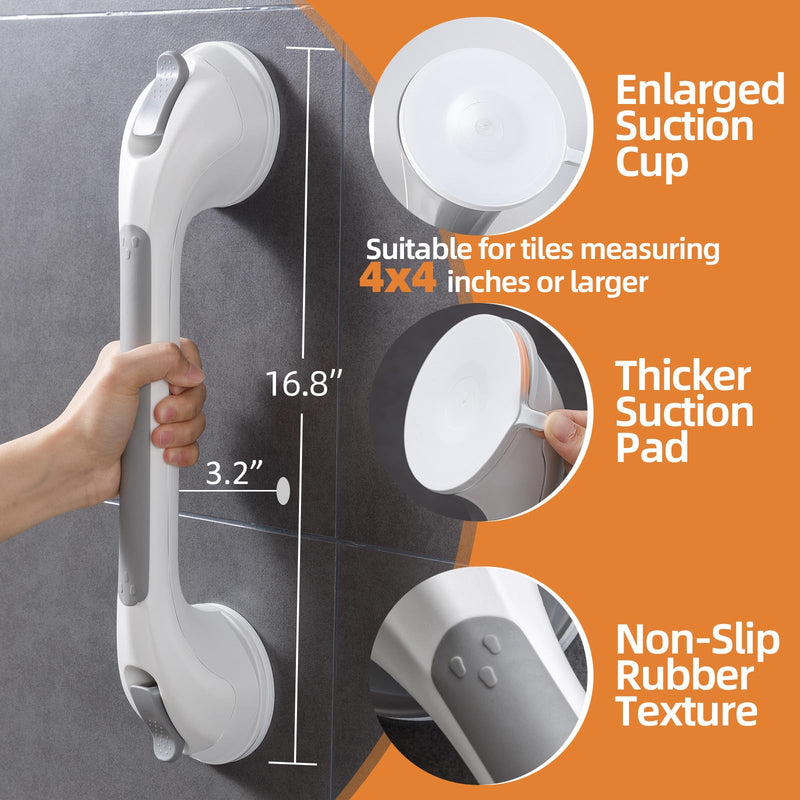 Shower Handle 1 Pack, 17 Inch Grab Bar for Bathtubs and Showers, Strong Suction Cup Safety Handrail for Seniors, Elderly, Injury Recovery, No Drilling Waterproof Bathroom Grip, Grey
