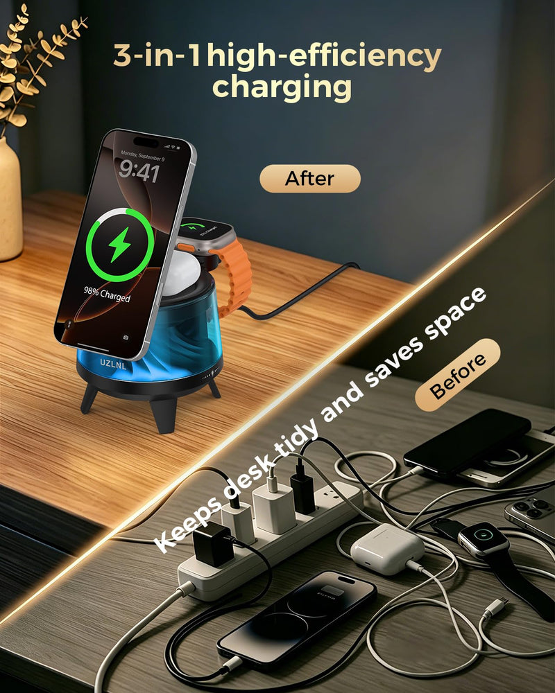 3 in 1 Wireless Charging Station for Apple Devices,Mag-Safe Charger Stand,Magnetic Wireless Charger Station,RGB Ambient Light,for iPhone 17 Pro Max 16 15 14 13 12,AirPods & Apple Watch Series
