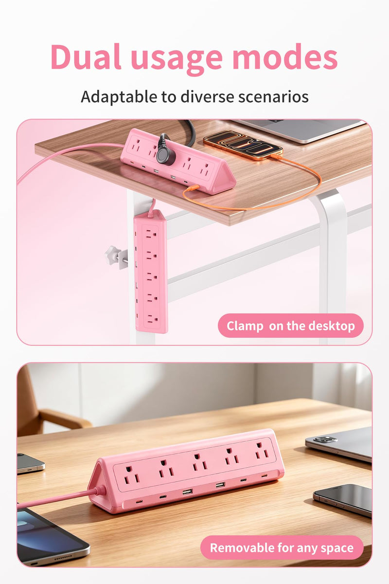 SMALLRT Pink Desk Clamp Power Strip with 6.5 FT Extension Cord, PD 40W USB-C Fast Charging Ports, 5 AC Outlets 4 USB-C 2 USB-A, Fits 2.1 inch Table Edges