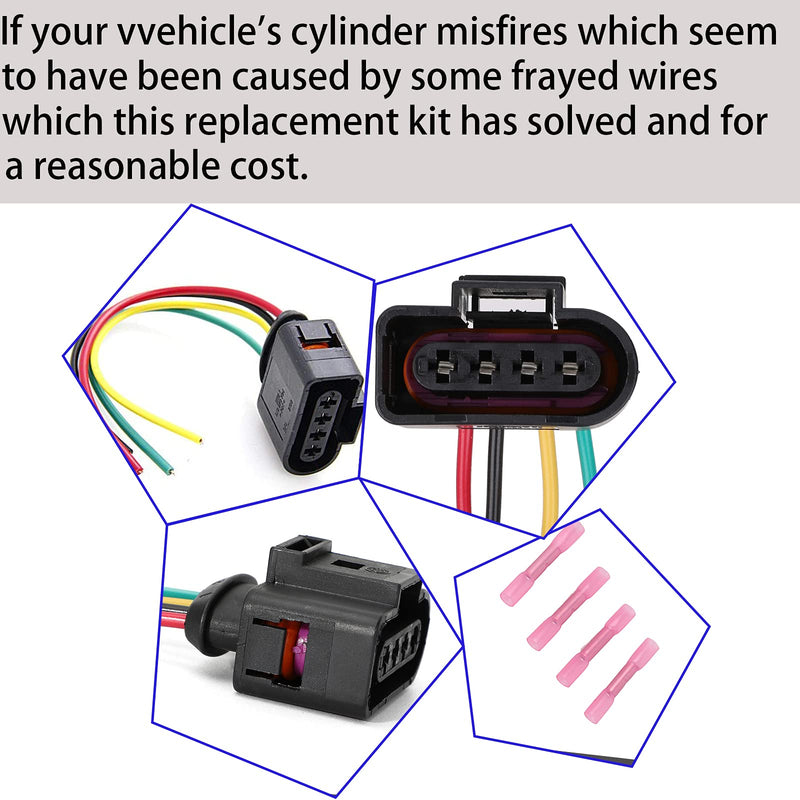 Vw Ignition Coil Connector Plug Harness Compatible with Volkswagen Vw Passat Audi A4 1.8T, 2.0T, 2.5L, 3.2L, 4.2L 4 Pack Vw Ignition Coil Harness 16pcs Heat Shrink Butt Connectors