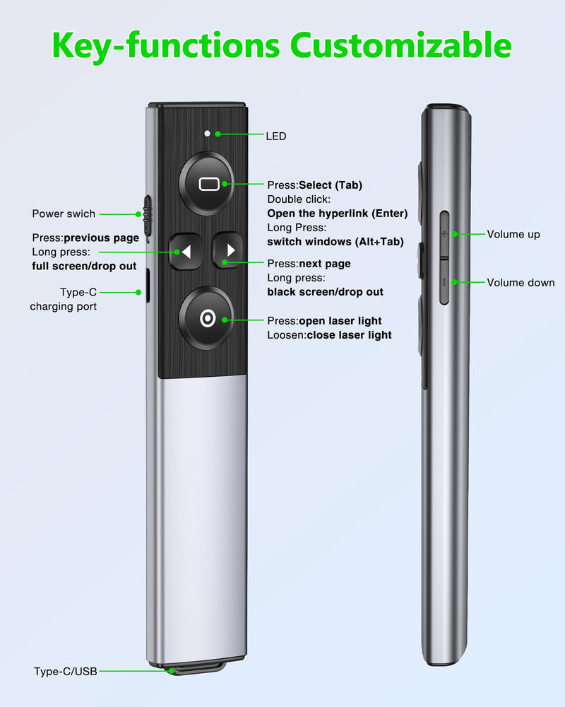 Wireless Presentation Clicker- Clicker for Powerpoint Presentations- Rechargeable Presentation Remote, Slide Advancer for Keynote/PPT/Mac/PC/Laptop Green Light-Rechargeable & Metal