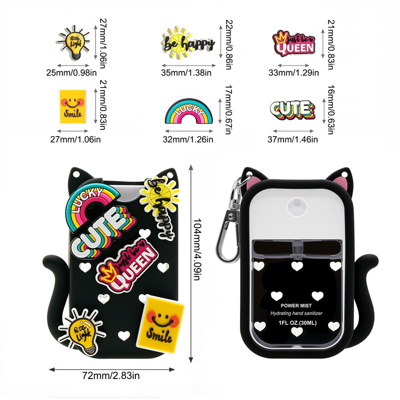 Cat Silicone Case for Touchland Hand Sanitizer Spray, Compatible with 1 FL Oz/30ML Power Mist & Glow Mist, Cute Travel Cover with Keychain & Charms (Black)